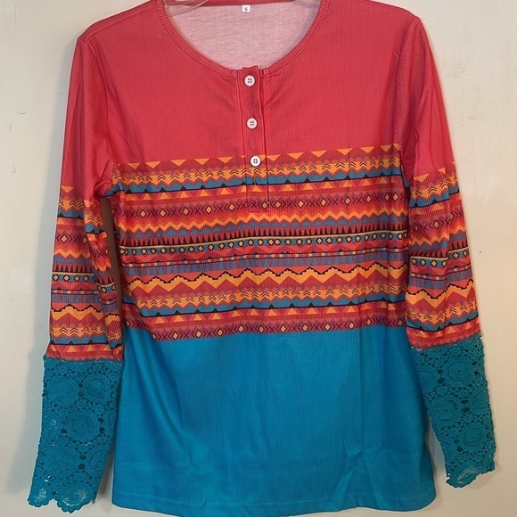 Bohemian Aztec Colorful Henley Pull Over Top - Picture 5 of 11
